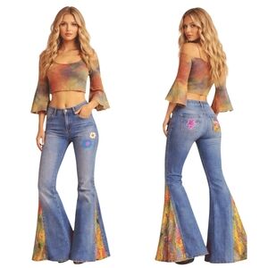 Energie X-Perience Y2K Custom Bell Bottom sz 31 Psychedelic Festival Flare J1737